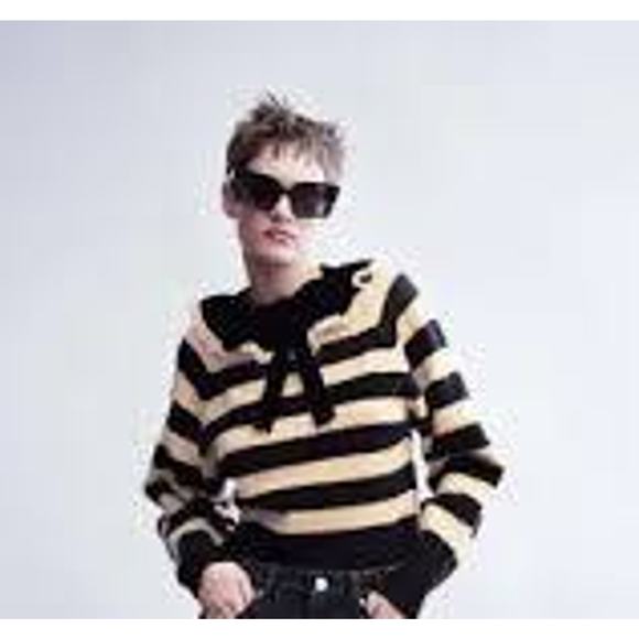 Zara Black Cream Striped Velvet Lace Trim Bow Collar Sweater Size Small - Picture 1 of 11